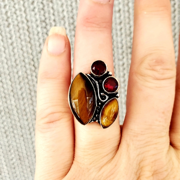 New Beautiful Tiger Eye & Garnet 925 Silver Ring. - Picture 7 of 8